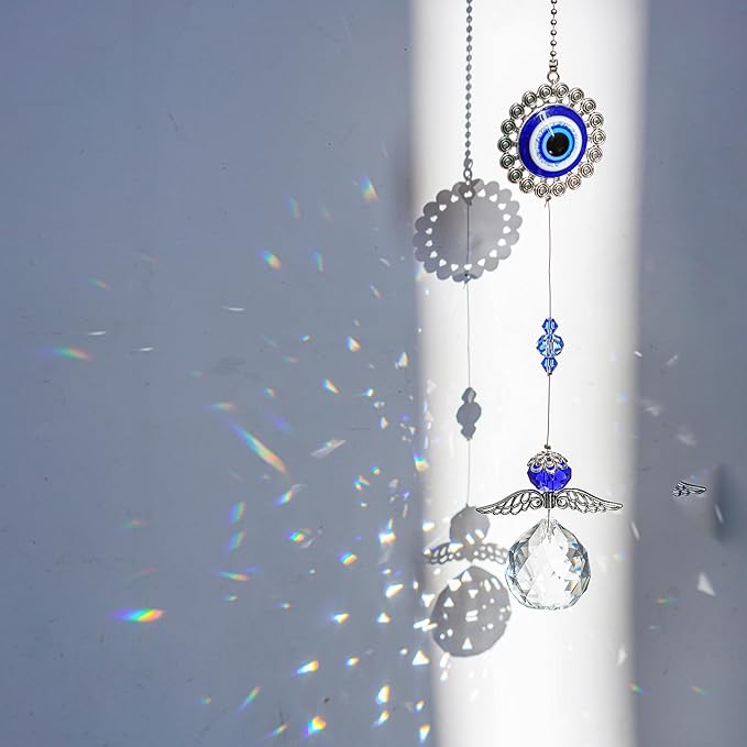 Handmade Crystal Angel Suncatcher Hanging Turkish Blue Evil Eye Protection Pendant and Good Luck Charm Gift