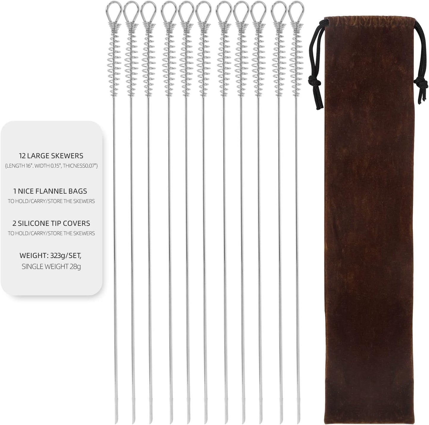 16"" 12 Pack - Metal Skewers Flat Long Kabob Skewers Reusable BBQ Barbecue Shish Sticks Skewers for Grilling, Stainless Steel, Sliver