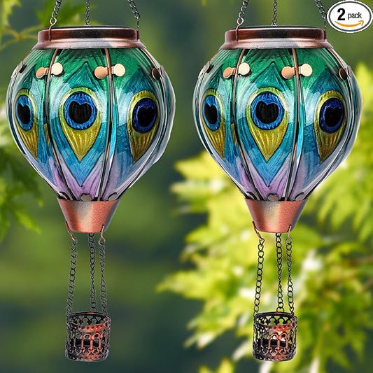 2PCS Solar Hot Air Balloon Lanterns with Flame with Shepherd's Hooks, Glass Hanging Flickering Lights Outdoor Waterproof for Garden Tree Yard Patio Mother's Day Gift, 18" H Peacock Green