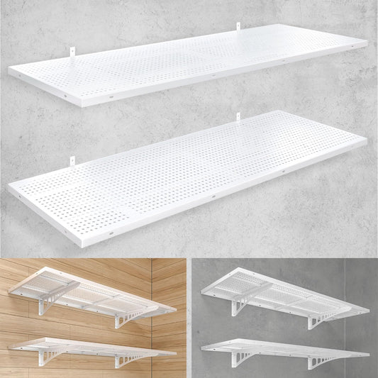 2-Pack 1.5x4ft Heavy Duty Garage Wall Shelving, 500 lbs Load Capacity, Garage Shelving Wall Mounted, Storage Rack with Hooks, White