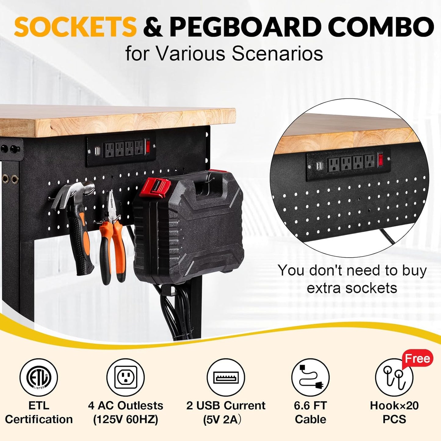 48" Workbench for Garage with Drawers Rubberwood Tabletop Work Table with Pegboard, Power Outlets Adjustable Height Work Bench for Office, Woodworking Shop, Home