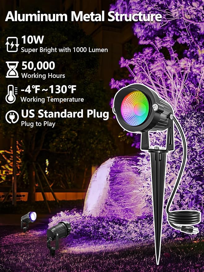 Halloween RGBW Outdoor Spotlights for Yard,10W Color Changing Landscape Lights with Remote Control 120V LED Landscape Lighting Waterproof Spotlight with Plug Tree Garden Path Decoration (1Pack)