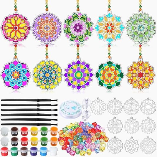 30 Sets Suncatchers Window Art Kits, DIY Sun Catchers Bulk Crafts Paint Your Own Window Ornaments for Boys Girls Classroom Home Party Birthday Activity Decor(Mandala Style)