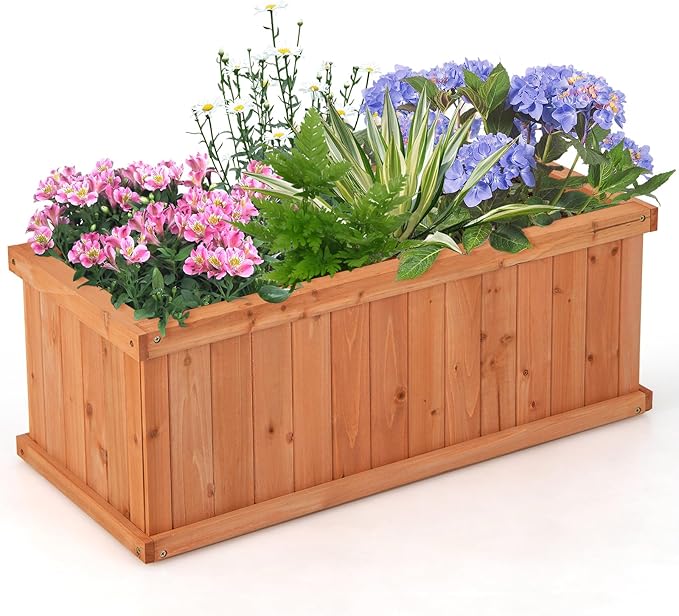 HAPPYGRILL Raised Garden Bed, Outdoor Elevated Flower Box w/ 4 Drainage Holes & Detachable Bottom Panels, Wood Planter Box for Vegetables Flowers Herbs & Fruits Growing, 31” x 14” x 12”