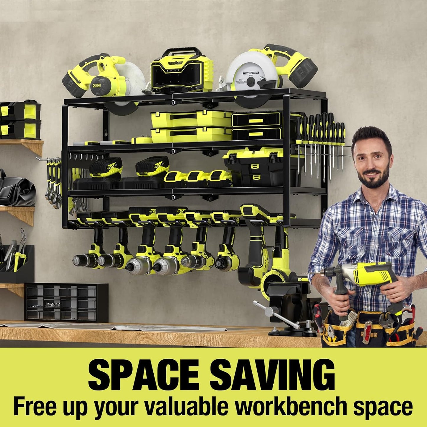 4 Layer Power Tool Organizer Wall Mount, Battery Tools Holder with Charging Station Shelf, Cordless Drill Hanger Storage Rack for Garage Organization, Workshop, Pegboard - 32 Inch 8 Slots