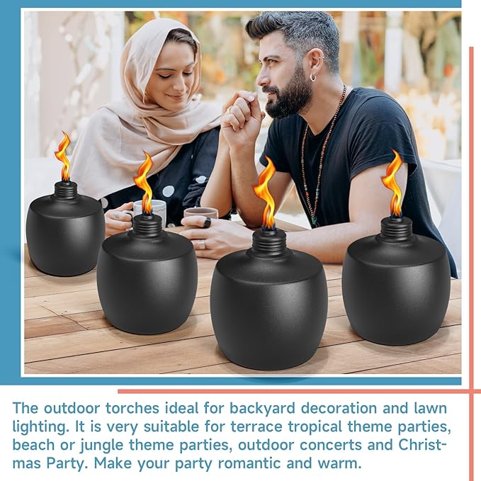 4-Pack Citronella Tabletop Torches, 21.5 oz Table Top Torches for Outdoor, Metal Oil Burner Candles, Garden Torches with Fiberglass Wick for Yard, Patio, Deck, Garden, Party, Landscape