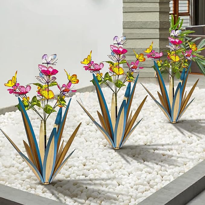 Garden Outdoor Butterfly Enlarge Thickened Wind Resistant Metal Agave Garden Art Metal Plant Country Sculpture Statue Decorations Ornaments Artificial Waterproof Butterflies(Blue 2pcs)
