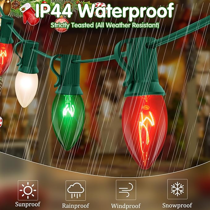 25ft C9 Clear Incandescent Christmas Lights - Red, White, Green Outdoor String With 26 Multicolor Bulbs - Waterproof Plug-In for Roofline, Tree, Garden Decor