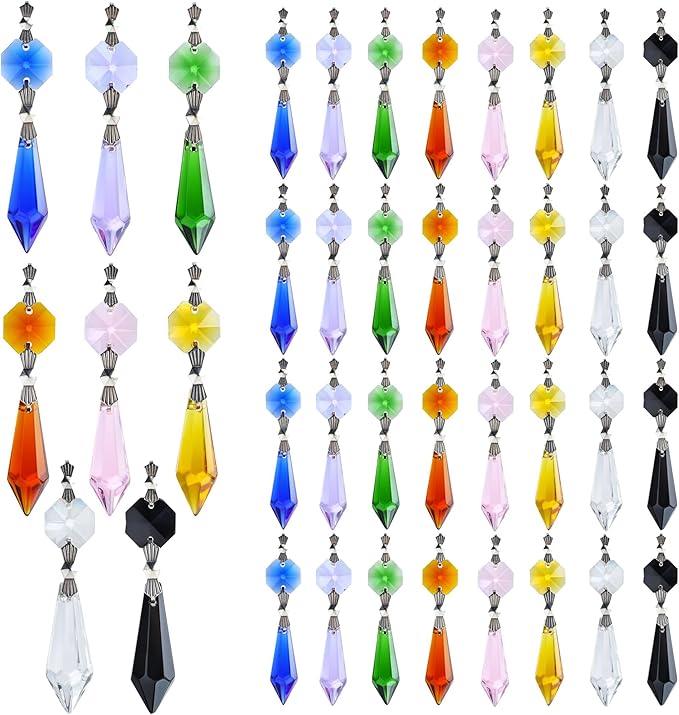HDCRYSTALGIFTS 40pcs Rainbow Colors Crystal Icicle Pendant Chandelier Teardrop Prisms Drops Lamp Candle Holders Curtain DIY Parts,38mm