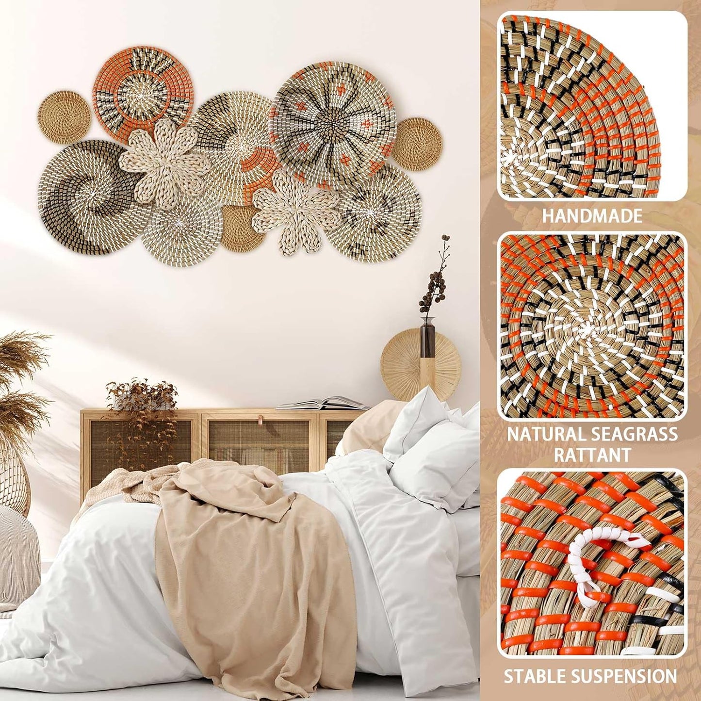 11 Pcs Boho Hanging Wall Basket Decor Handmade Woven Basket Wall Decorative Boho Wicker Baskets Placemats Round Farmhouse Bulrush Art for Rustic Home Decorations Christmas Gift(Cute)