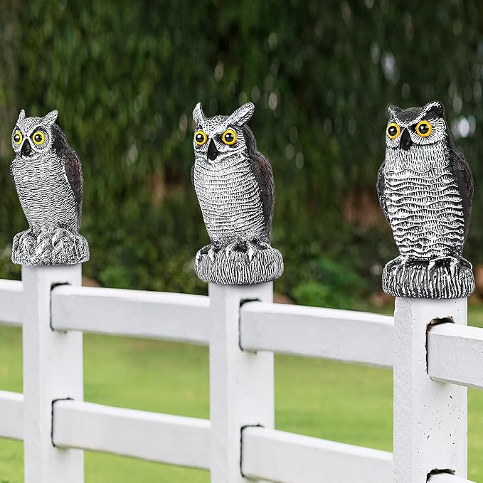 3-Pack Owl Decoys for Bird Deterrent - Weatherproof Bird Repellent Devices for Outdoor Use - Plastic Owls to Scare Birds Away and Control Garden Pests
