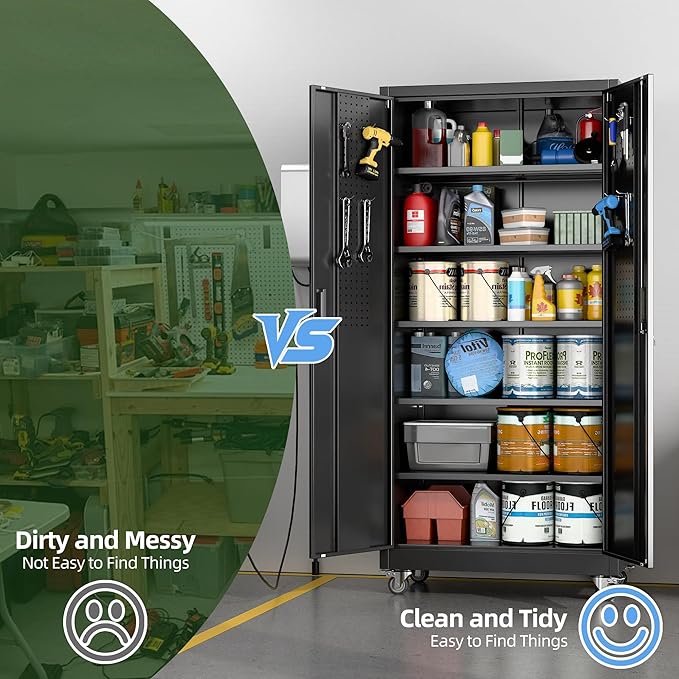 Garage Storage Cabinet with Wheels & Pegboard, 71" H×34" W×18" D Locking Metal Storage Cabinet with 2 Doors and 5 Adjustable Shelves for Garage Workshop Home, Black, Assembly Required