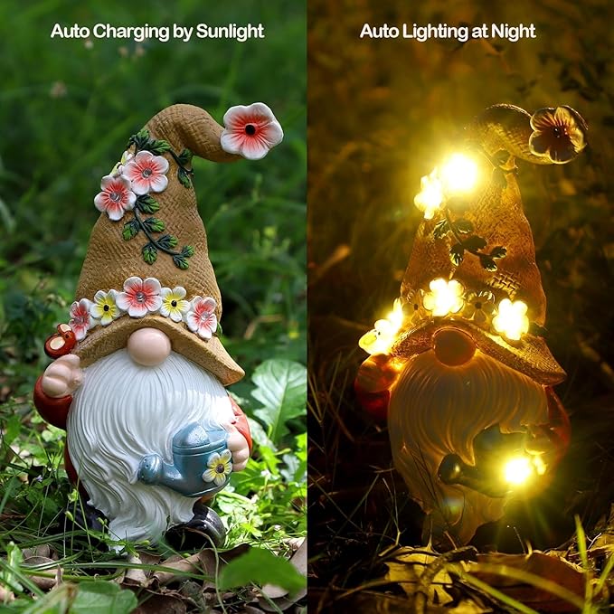 Garden Gnomes in The Hat Stood -Solar Resin Spring Bee Gnome Figurine Statue Garden Lights Outdoor Decorations Waterproof for Patio,Yard,Lawn,