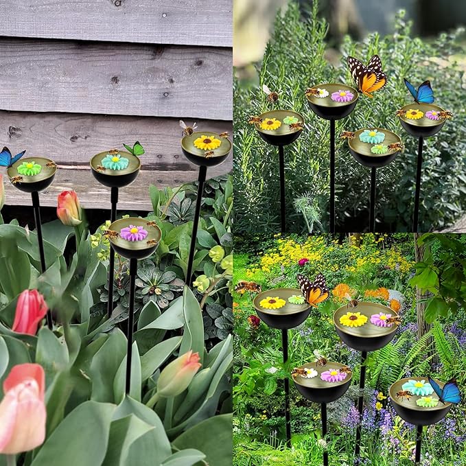 4 Pack Bee Cups For Garden with Artificial Flowers, Bee Waterer And Butterfly Water Stations, Bee Water Catcher Cups For Thirsty Pollinators, Bee Bath, Colorful Metal Garden Sculpture Stakes Decor
