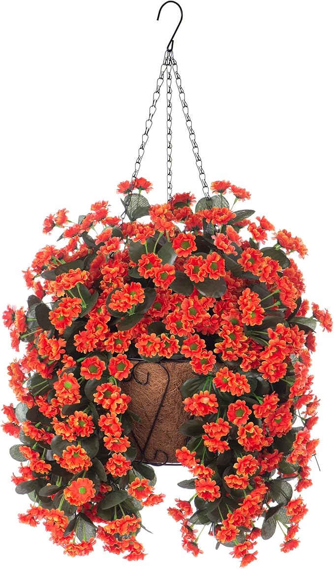 Hanging Baskets Artificial Flowers for Outdoor Interior Decor, Artificial Daisies Flowers Shrubs Plants with Baskets for Home Porch Garden Patio Patio Spring Summer Decor(Orange)