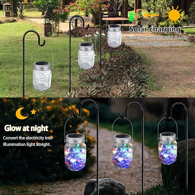 Hanging Solar Mason Jar Lights,ZQX 6 Pack 20 Led String Hanging Mason Jar Lanterns for Outdoor,Great Decor Light for Outside Patio Garden Yard Fence Wedding Table,Hangers and Jars Included（Multicolor）
