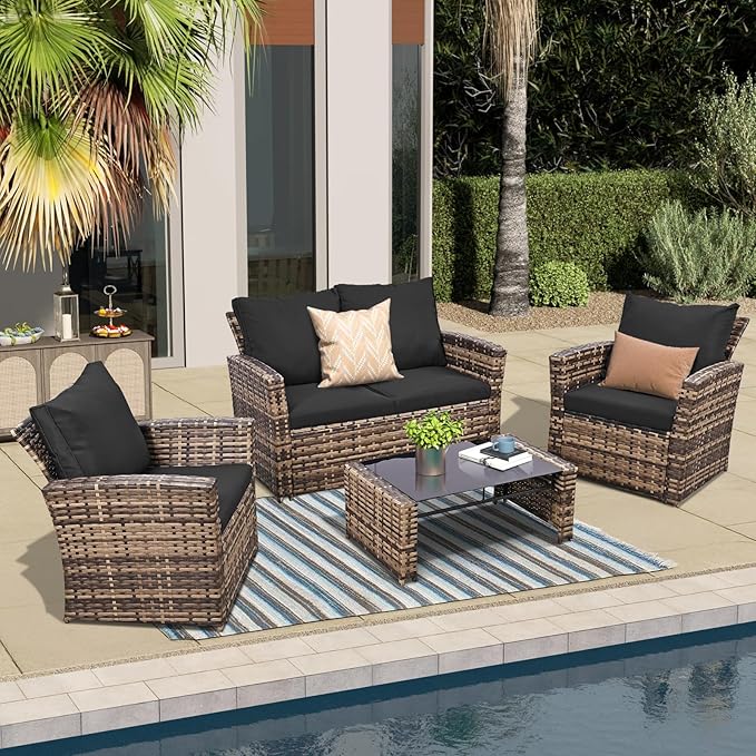 4 Piece Outdoor Patio Furniture Set,Wicker Conversation Sets Outdoor Sectional Patio Sofa Couch with Cushions & Coffee Table for Outside, Garden, Balcony, Porch,Yellow/Black