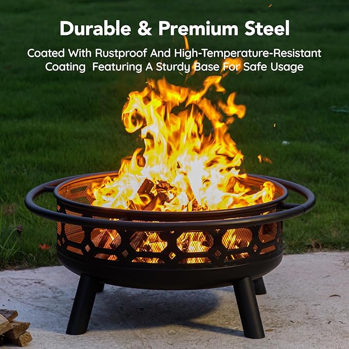 36 Inch Fire Pit, Outdoor Wood Burning Firepit with Removable Grill & Poker, Heavy Duty Metal Round Fireplace,2 in 1 Large Bonfire for Outside,BBQ,Yard,Patio