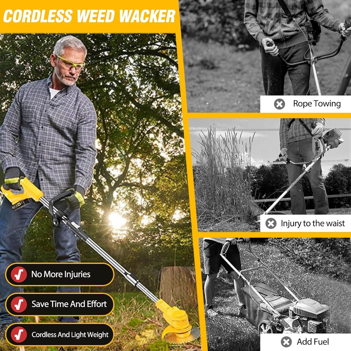 21V Electric Weed Wacker Cordless Grass Trimmer with 2x2000mAh Batteries & Fast Charger, 3 in 1 Stringless Lightweight Brush Cutter/Edger/Mower with 3 Types Blade & Wheels for Garden and Yard Lawn