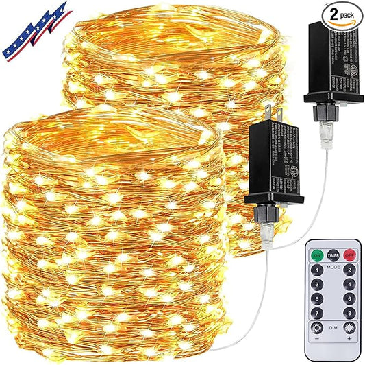 2Pack Each 66Ft 200 LED Fairy Lights Plug in with Remote, Waterproof String Lights Outdoor & Indoor, String Lights 8 Modes with Timer, Twinkle Light for Girl's Room Christmas Decorations (Warm White)