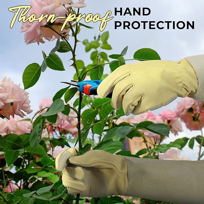 HANDLANDY Rose Pruning Gardening Gloves for Men Women, Thorn Proof Forearm Protection Leather Garden Gloves, Gardening Gifts for Gardeners (Beige- goatskin, Large (Pack of 1))