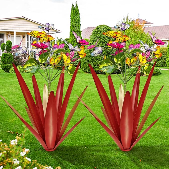 Garden Outdoor Butterfly Enlarge Thickened Wind Resistant Metal Agave Garden Art Metal Plant Country Sculpture Statue Decorations Ornaments Artificial Waterproof Butterflies(red 2pcs)