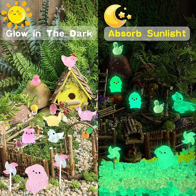 400pcs Luminous Mini Resin Animal in The Dark Tiny Miniature Figures Ornament Duck Frog Mushroom Owl Dog Rabbit Crab Dolphin Shell Fairy Garden Accessories Aquarium Landscape Bonsai Decor