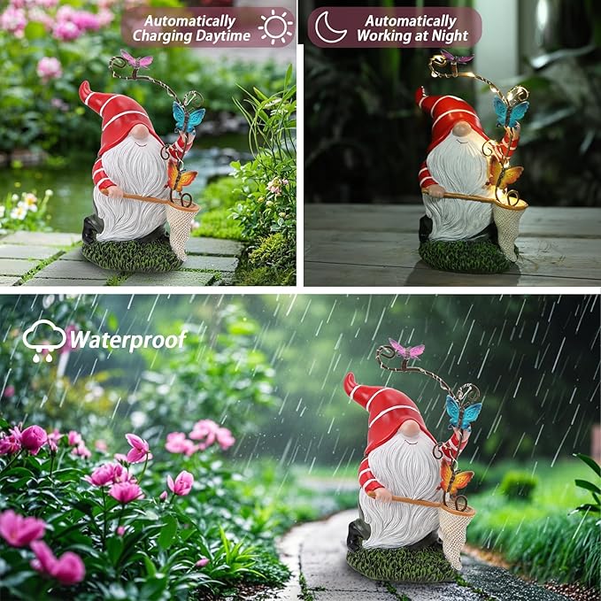 Garden Gnome Statue, Solar Funny Gnomes Figurine Catching Butterflies with LED Lights Waterproof Resin Outdoor Decor for Patio Lawn Yard Home Tabletop Decoration
