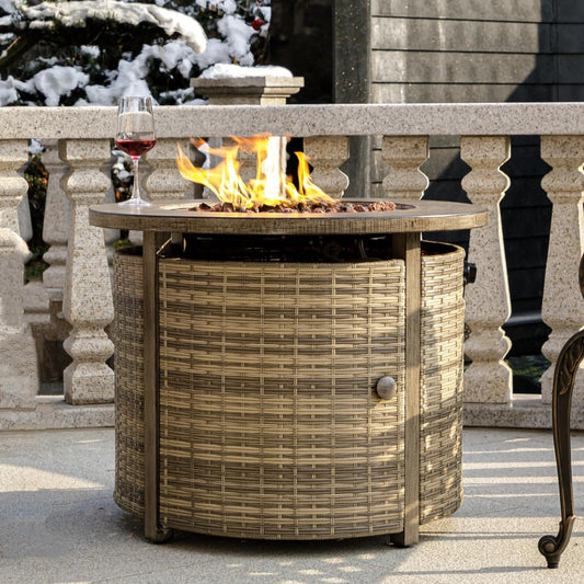 32 inch Propane Fire Pit Table,Wicker Gas Fire Pits Table with Lid & Lava Rocks, 50000 BTU Round Propane Firepit for Outside, Fire Table for Dining,Party, Patio,Yard