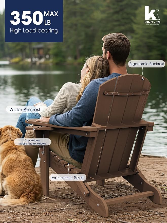 KINGYES Folding Adirondack Chair Set of 4, Dual Cup Holders & All-Weather HDPE, Wood-Like Patio Chair for Backyard, Camping, Pool & Fire Pit, Brown