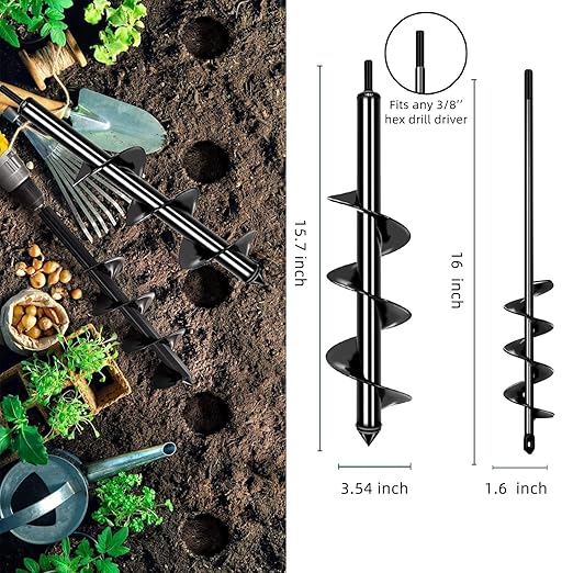 Garden Auger Drill Bit for Planting Set-1.6x16‘’ & 3.54x15.7'',Ground Earth Spiral Drill Bit for 3/8" Hex Drive Drill, Yard Auger Drill for Bulbs Planting, Hole Digger Flowers,Umbrella Holes