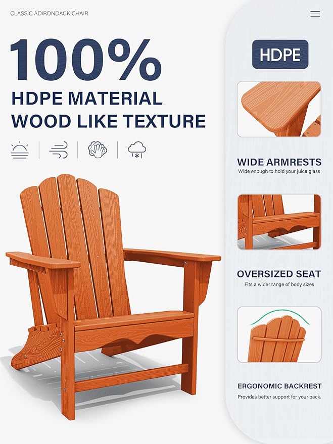 KINGYES HDPE Adirondack Chair, Classic All-Weather Adirondack Chair, Orange