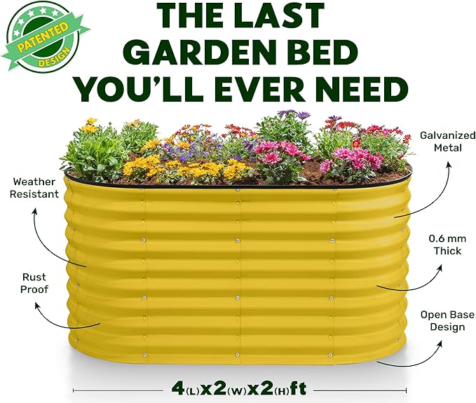 Galvanized Raised Garden Beds Outdoor // 4×2×2 ft Planter Raised Beds for Gardening, Vegetables, Flowers // Large Metal Garden Box (Yellow) // Patented Tool-Free Design