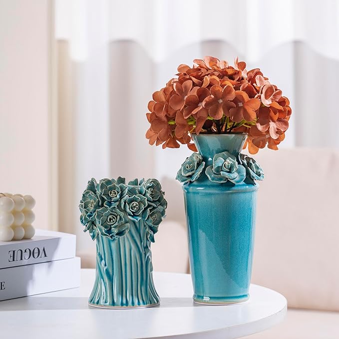 Handmade 3D Ceramic Flower Blue Bud Vase for Centerpieces, Decorative Blue Flower Vases for Wedding Reception, Home Decor, Living Room, Cottage Core Decor, Jarrones Decorativos para Sala 8.7 Inch