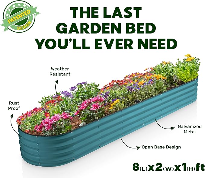 Galvanized Raised Garden Beds Outdoor // 8×2×1 ft Planter Raised Beds for Gardening, Vegetables, Flowers // Large Metal Garden Box (Turquoise) // Patented Tool-Free Design