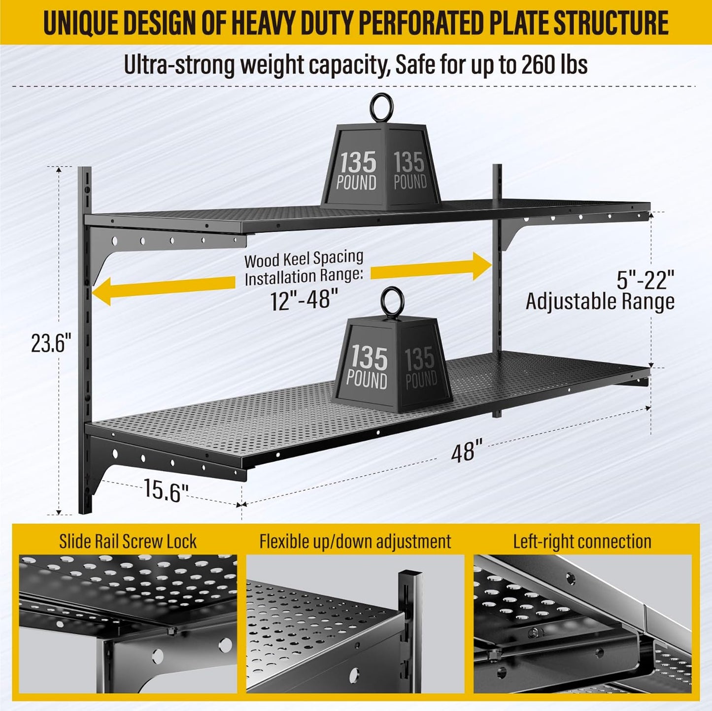 2 Tier 1.3x4ft Garage Shelving Wall Mounted, 400 lbs Load Capacity，15.6x48inch per Shelf Height Cassette Adjustable Floating Shelves(Black)