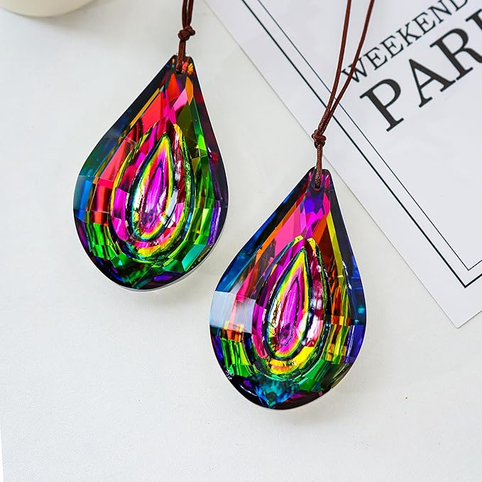 HDCRYSTALGIFTS Set 2 Crystal Prisms Suncatchers for Windows,76mm Rainbow Sun Catcher Glass Hanging Prisms Suncatcher Pendant for Home Garden Decor (Single Face Colorful)