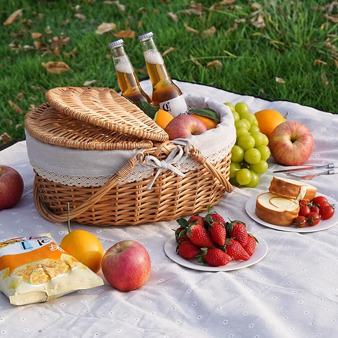 Happypicnic Wicker Picnic Basket with Handle, 15" Large Empty Picnic Basket with Lid & Removable Liner, Vintage Hand Woven Basket for Picnics, Camping, Veg Picking, Mother's Day, Thanksgiving (Solid)