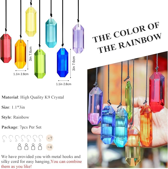HDCRYSTALGIFTS 7pcs Crystal Suncatcher Prisms 3'' Window Hanging Ornament Rainbow Glass Prism Sun Catcher Decor for Home Garden