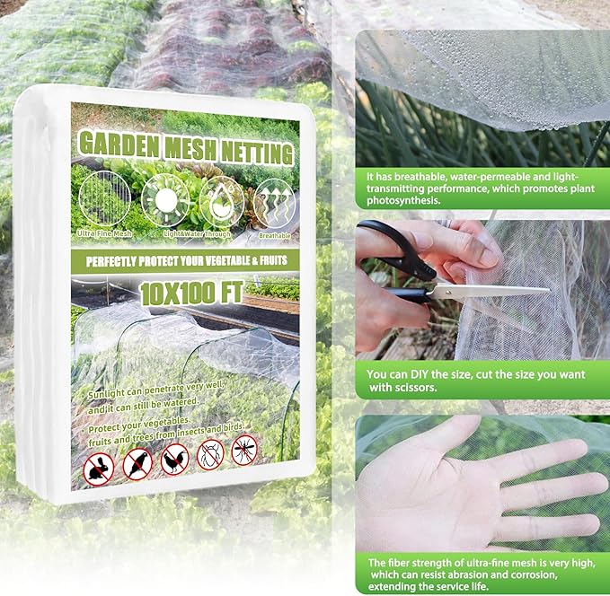 Garden Netting Mesh, 10X100 FT Garden Netting with 16 Cilps & Ultra Fine Mesh Net Bird Barrier Protection for Garden Vegetables Flowers Shrubs Fruit Trees Indoors & Outdoors Plant Beds Greenhouse