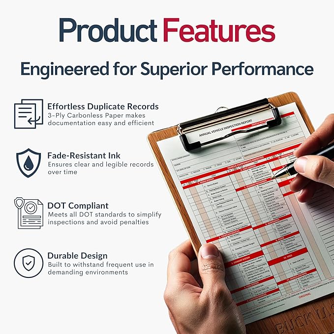 25 Pack 3-Ply Carbonless Annual Vehicle Inspection Report Forms with FMCSA Red Aluminum Labels & White Mylar Laminate Vinyl Labels, DOT Inspection Forms and Stickers, Shrink-Wrapped, 8.5" x 11.75"