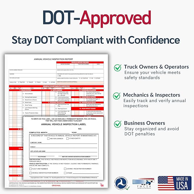 25 Pack Buck Annual Vehicle Inspection Label, 2-Ply Adhesive Vinyl with Mylar Laminate, FMCSA & DOT Compliant, Weatherproof, Tear Resistant, Easy to Write On, 5" x 4" - Made in USA