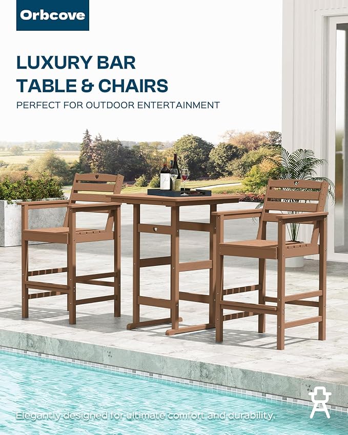 3-Piece Bar Height Patio Table and Chairs Set, HDPE Wood Grain Outdoor Bar Table and Chairs with Heart Cutout Design, Weather-Resistant Bar Height Furniture for Deck, Porch, Pool (Teak)