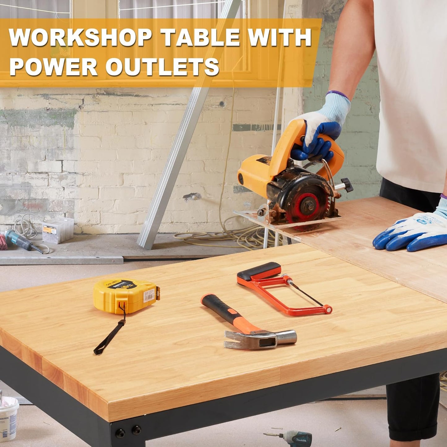 HABUTWAY Height Adjustable Workbench 60" 2000 Lbs Capacity Solid Wood Work Station Heavy-Duty Work Tables with Power Outlets for Garage Party Shop Office