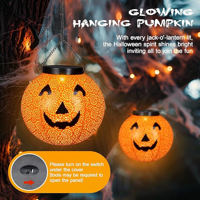 Halloween Solar Lantern Hanging Pumpkin Lights Outdoor Decoration - Solar Powered Lantern Lights Waterproof LED Decorative Lights for Porch Backyard Garden Tree Indoor Orange Halloween Lights Decor