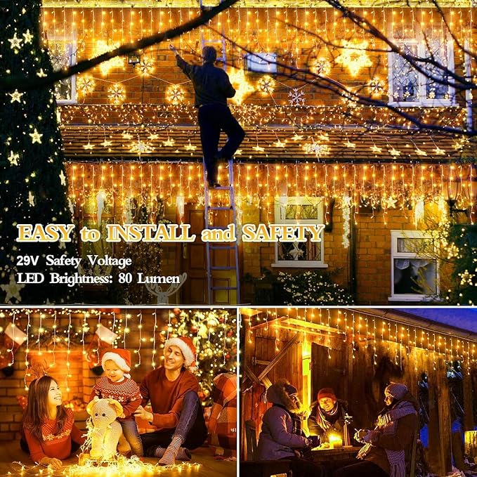 480 LED 49FT Christmas Lights Plug in 8 Modes with Timer Dimmable Christmas Decorations Outdoor Waterproof Indoor Curtain String Lights for Roof Garden Holiday Wedding Party Decor Warm White