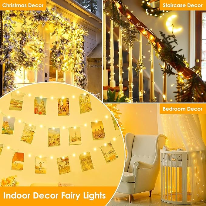 33FT 100LED Fairy Lights Battery Operated with Remote, Waterproof String Light with Timer for Indoor & Outdoor, LED Battery Twinkle Lights for Bedroom Wedding Christmas Decorations (Warm White)