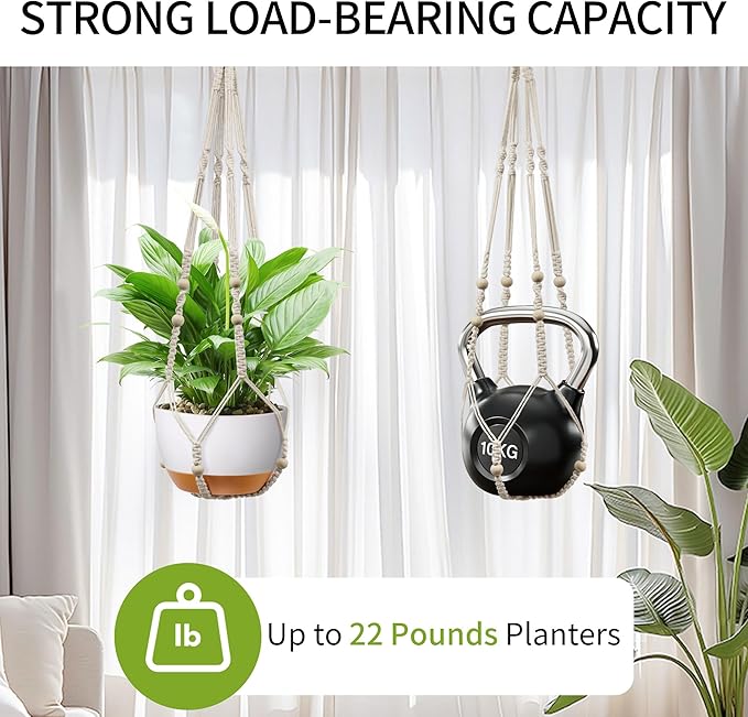 35 Inch Macrame Plant Hanger - Fits 4-13 Inch Pots, Supports Up to 22lbs, Sturdy Hanging Planter Holder for Indoor Outdoor, Boho Home Decor, 2 Pack, Ivory (POTS NOT Included)