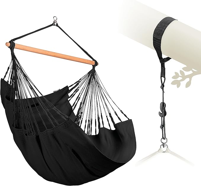 LA SIESTA® - Large Comfort Habana Cotton Hammock Chair & TreeMount - Hanging Hammock Chair w/Suspension Kit for Trees Beams & Posts - Indoor Outdoor Swing Hanging Chair Bedroom Patio Balcony - Onyx