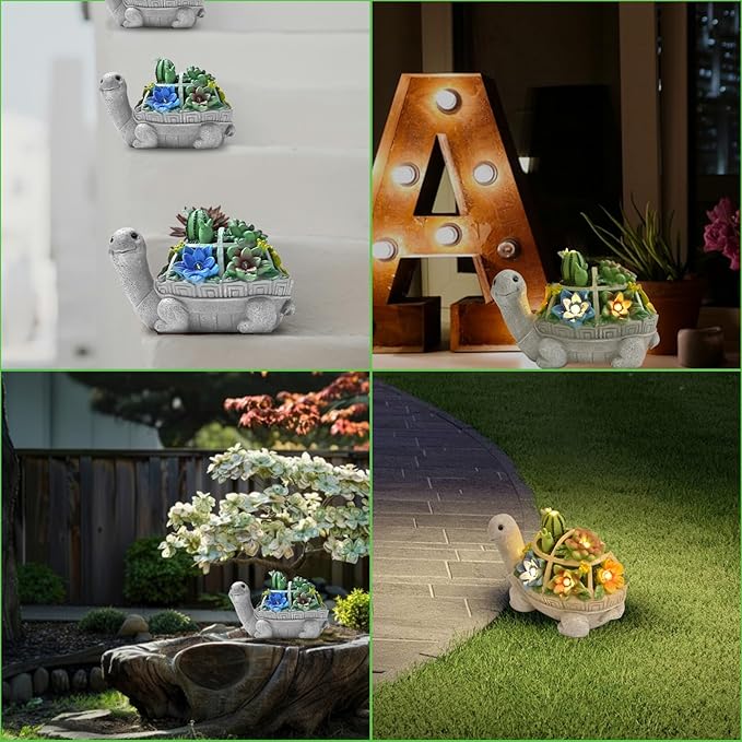 Garden Decor Statue,Solar Turtle with Succulent & 6 LED Lights - Outdoor Figurine for Lawn Decoration, Gifts for mom，Handcrafted Resin Sculpture -Garden Lovers/Mothers Day/Christmas Day Gift